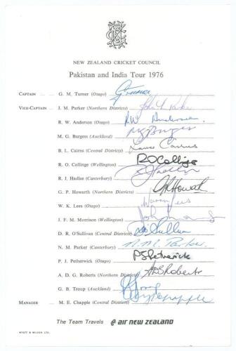 New Zealand tour to Pakistan & India 1976. Rarer official autograph sheet with printed title and players&rsquo; names, nicely signed in ink by all sixteen listed members of the New Zealand touring party. Signatures are Turner (Captain), Parker, Anderson, Burges