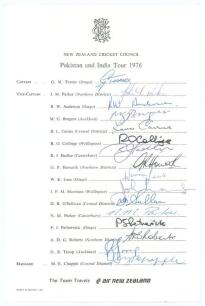 New Zealand tour to Pakistan & India 1976. Rarer official autograph sheet with printed title and players&rsquo; names, nicely signed in ink by all sixteen listed members of the New Zealand touring party. Signatures are Turner (Captain), Parker, Anderson, Burges