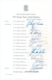 New Zealand tour to England 1973. Official New Zealand Cricket Council autograph sheet nicely signed in ink by all sixteen members of the New Zealand touring party. Signatures are Congdon (Captain), Turner, Anderson, Burgess, Collinge, Gillott, D. Hadlee,