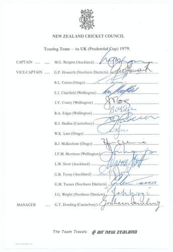 New Zealand tour to England for the Prudential World Cup 1979. Official autograph sheet with printed title and players&rsquo; names, nicely signed in ink by all fifteen listed members of the New Zealand touring party. Signatures are Burgess (Captain), Howarth, 