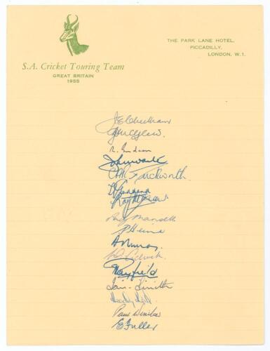 South Africa tour to England 1955. Official &lsquo;South African Cricket Touring Team, Park Lane Hotel&rsquo; autograph sheet, very nicely and fully signed in ink by all sixteen playing members of the touring party. Signatures are Cheetham (Captain), McGlew, Endean, 