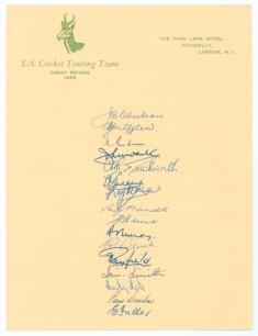 South Africa tour to England 1955. Official &lsquo;South African Cricket Touring Team, Park Lane Hotel&rsquo; autograph sheet, very nicely and fully signed in ink by all sixteen playing members of the touring party. Signatures are Cheetham (Captain), McGlew, Endean, 