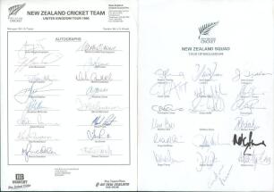 New Zealand tour to England 1990 & 1999. Two official New Zealand Cricket Council autograph sheets, the 1990 sheet fully signed in ink by all sixteen listed members of the New Zealand touring party, the 1999 by eighteen, lacking one. Players&rsquo; signatures i