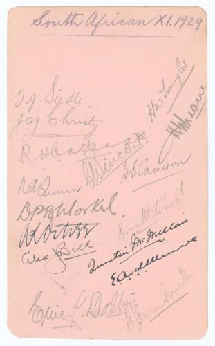 South Africa tour to England 1929. Album page fully and nicely signed in pencil and ink by all sixteen original playing members of the touring party. Signatures are Deane (Captain), Siedle, Taylor, Christy, Catterall, Vincent, Cameron, Quinn, Morkel, Ochs