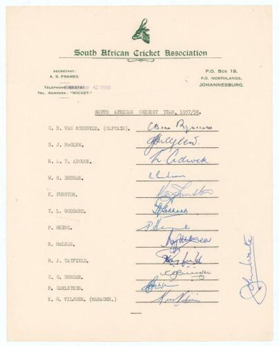 South Africa v Australia 1957/58. Rare official South African Cricket Association autograph sheet with printed title and players&rsquo; names. The sheet, most probably for the 4th Test at Johannesburg 7th- 12th February 1958, is fully signed by the listed playe