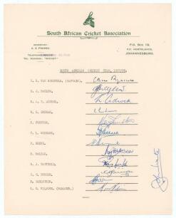 South Africa v Australia 1957/58. Rare official South African Cricket Association autograph sheet with printed title and players&rsquo; names. The sheet, most probably for the 4th Test at Johannesburg 7th- 12th February 1958, is fully signed by the listed playe