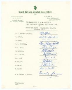 South Africa v New Zealand 1961/62. Rare official South African Cricket Association autograph sheet with printed title and players&rsquo; names, fully signed in ink by all twelve listed members of the South Africa team for the first two Test matches at Durban 8