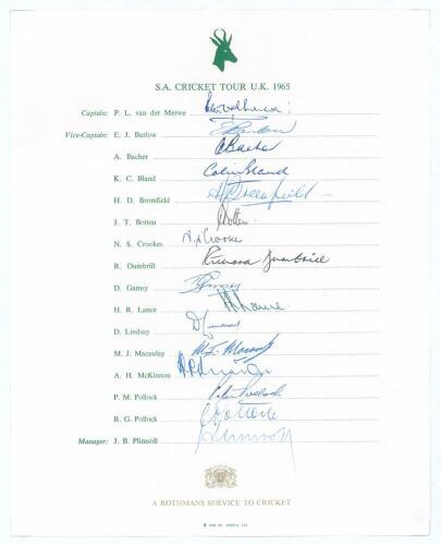 South Africa tour to England 1965. Official autograph sheet with printed title and players&rsquo; names, nicely and fully signed in ink by all sixteen members of the touring party. Signatures are van der Merwe (Captain), Barlow, Bacher, Bland, Bromfield, Botten