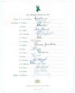 South Africa tour to England 1965. Official autograph sheet with printed title and players&rsquo; names, nicely and fully signed in ink by all sixteen members of the touring party. Signatures are van der Merwe (Captain), Barlow, Bacher, Bland, Bromfield, Botten