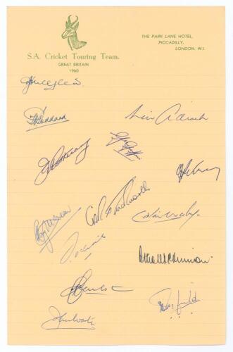 South Africa tour to England 1960. Official &lsquo;South African Cricket Touring Team, Park Lane Hotel&rsquo; autograph sheet, very nicely signed in ink by fourteen playing members of the touring party. Signatures are McGlew (Captain), Goddard, Adcock, Pothecary, Gri
