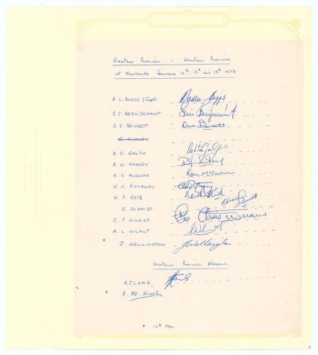 South Africa. Eastern Province v Western Province 1972/73. Official autograph sheet with handwritten title, players&rsquo; names and amendments, for the match played at Newlands 12th- 15th January 1973. Fully signed in biro by the twelve members of the Eastern 