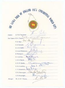 &lsquo;Sri Lanka Tour of England 1975 (Prudential World Cup)&rsquo;. Official autograph sheet with printed title and players&rsquo; names, fully signed by all fifteen members of the Sri Lanka touring party. Signatures are Tennekoon (Captain), Tissera, Heyn, Fernando, Perie