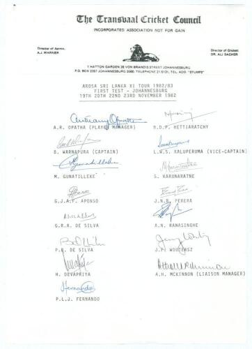 Arosa Sri Lanka &lsquo;rebel&rsquo; tour to South Africa 1982/83. Official Transvaal Cricket Council autograph sheet with printed title and players&rsquo; names, fully signed in ink by all fifteen listed members of the Sri Lanka touring party. Signatures are Warnapura (Cap