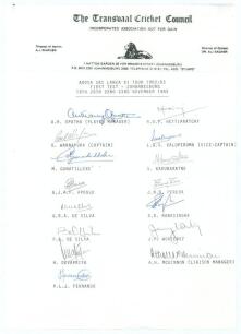 Arosa Sri Lanka &lsquo;rebel&rsquo; tour to South Africa 1982/83. Official Transvaal Cricket Council autograph sheet with printed title and players&rsquo; names, fully signed in ink by all fifteen listed members of the Sri Lanka touring party. Signatures are Warnapura (Cap