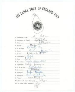 Sri Lanka tour to England 1979. Official autograph sheet with printed title and players&rsquo; names, signed in ink by all eighteen listed members of the Sri Lanka touring party. Players&rsquo; signatures are Tennekoon (Captain), Warnapura, Wettimuny, Mendis, D.S. de