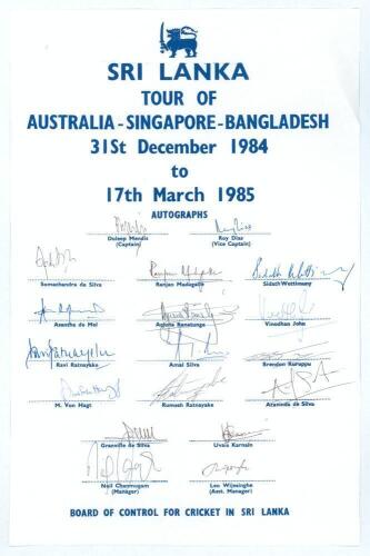 Sri Lanka tour to Australia, Singapore & Bangladesh 1984/85. Large official autograph sheet with printed title and players&rsquo; names, fully signed in ink by all eighteen listed members of the Sri Lanka touring party. Players&rsquo; signatures are Mendis (Captain),