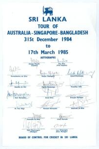Sri Lanka tour to Australia, Singapore & Bangladesh 1984/85. Large official autograph sheet with printed title and players&rsquo; names, fully signed in ink by all eighteen listed members of the Sri Lanka touring party. Players&rsquo; signatures are Mendis (Captain),