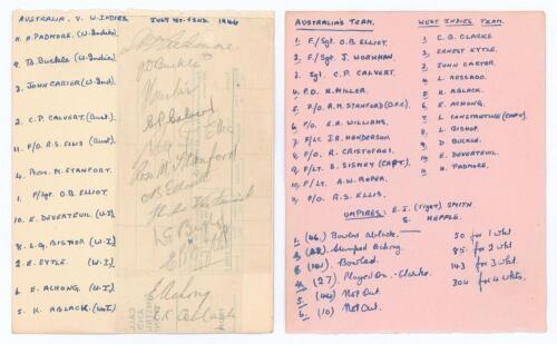 West Indies XI v Royal Australian Air Force 1944. Two small trimmed pages laid down to album page and signed in pencil by twelve West Indies players, the majority of whom played in the match at Edgbaston, 1st & 2nd July 1944. Signatures are Padmore, Buckl