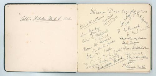 Arthur Fielder. Kent & England 1900-1914. M.C.C. tour of Australia 1903/04. Large black autograph book with gilt page edges belonging to Fielder, on his first overseas tour with the England team, and used by him to obtain signatures of passengers, players