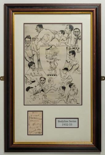 M.C.C. tour of Australia 1932/33 &lsquo;Bodyline&rsquo;. Album page very nicely signed in ink by twelve members of the 1932/33 M.C.C. touring party. Signatures are Jardine (Captain), Wyatt, Duckworth, Hammond, Voce, Tate, Allen, Ames, Paynter, Brown, Sutcliffe and Wa