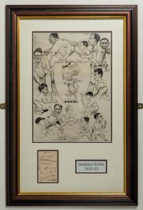 M.C.C. tour of Australia 1932/33 &lsquo;Bodyline&rsquo;. Album page very nicely signed in ink by twelve members of the 1932/33 M.C.C. touring party. Signatures are Jardine (Captain), Wyatt, Duckworth, Hammond, Voce, Tate, Allen, Ames, Paynter, Brown, Sutcliffe and Wa