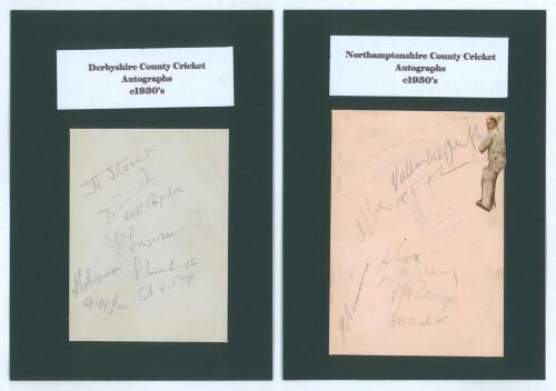 Midland county teams 1930&rsquo;s. Two album pages featuring the signatures of Derbyshire and Northampton players, each page laid down to black card with typed heading to top and players names on sheet to back of card. Signatures are Storer, D. Smith, Alderman,