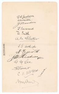 Derbyshire C.C.C. 1928 & 1929. Large album page very nicely signed in black ink by fourteen members of the Derbyshire team, obtained by the collector, Laetitia Stapleton (n&eacute;e Repington). Signatures are Jackson (Captain), Richardson, Bowden, Townsend, Smit