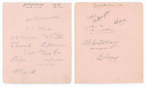 Derbyshire and Leicestershire 1932. Album page signed in pencil to one side by twelve members of the Derbyshire team and, to the verso, in ink and pencil by seven of Leicestershire. Derbyshire signatures are Richardson (Captain), Clarke, Copson, Smith, To