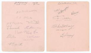 Derbyshire and Leicestershire 1932. Album page signed in pencil to one side by twelve members of the Derbyshire team and, to the verso, in ink and pencil by seven of Leicestershire. Derbyshire signatures are Richardson (Captain), Clarke, Copson, Smith, To
