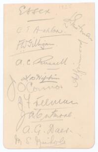 Essex C.C.C. 1925. Album page nicely signed in pencil by eleven members of the Essex team. Signatures are L.C. Eastman, C.T. Ashton, F.W. Gilligan, C.A.G. Russell, A.B. Hipkin, J. O&rsquo;Connor, J.R. Freeman, J.A. Cutmore, A.G. Daer, M.S. Nichols and the rarer