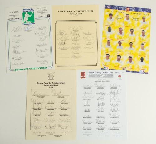Essex C.C.C. 1991-2002. Five official autograph sheets for seasons 1991 (15 signatures), 1997 (15), 2000 (12 printed signatures), 2001 (17), and 2002 (24). Signatures include Gooch, Saleem Malik, Childs, Prichard, East, Pringle, Foster, Garnham, Stephenso