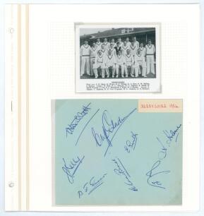 Derbyshire C.C.C. 1954 & 1957. Two album pages, one signed in blue ink by eight, the other by twelve members of Derbyshire teams. Signatures include Willatt, Carr, Gladwin, Kelly, E. Smith, Green, Revill, Carter, Hamer, Morgan, Dawkes, Gibson, Lee etc. Th