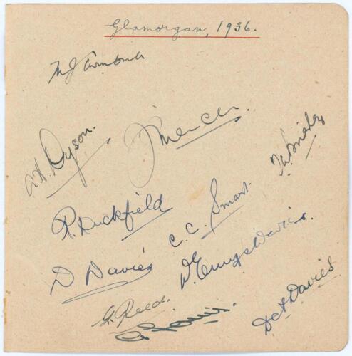 Glamorgan C.C.C. 1936. Album page nicely signed in ink by the eleven members of the Glamorgan team that played against Yorkshire at Hull, 1st- 3rd July 1936. Signatures are Turnbull (Captain), Dyson, Mercer, Brierley, Duckfield, Smart, D. Davies, D.E. Dav