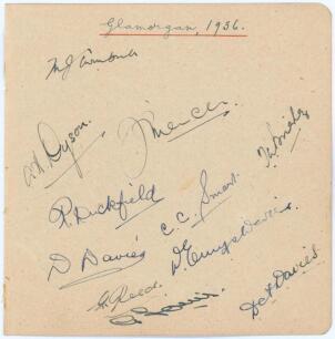Glamorgan C.C.C. 1936. Album page nicely signed in ink by the eleven members of the Glamorgan team that played against Yorkshire at Hull, 1st- 3rd July 1936. Signatures are Turnbull (Captain), Dyson, Mercer, Brierley, Duckfield, Smart, D. Davies, D.E. Dav