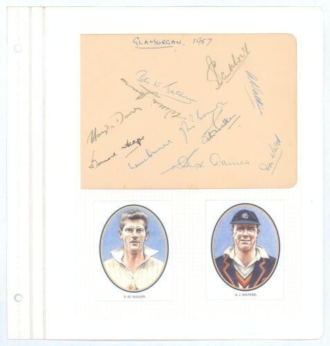Glamorgan C.C.C. 1957. Album page signed in ink and pencil by eleven members of the Glamorgan team. Signatures include Gatehouse, W. Jones, Haydn Davies, Hedges, McConnon, Parkhouse, Walker, Hugh Davies, Watkins, Ward etc. The page lightly mounted to larg