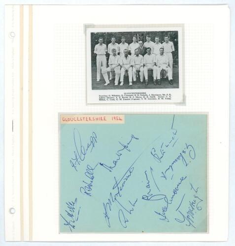 Gloucestershire C.C.C. 1954 & 1959. Two album pages each signed in blue biro by eleven members of Gloucestershire teams. Signatures include Crapp, Nicholls, Young, Mortimore, Lambert, McHugh, Brown, Graveney, Emmett, Wells, Cook, Hawkins, Carpenter etc. T