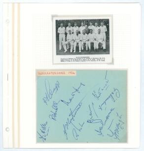 Gloucestershire C.C.C. 1954 & 1959. Two album pages each signed in blue biro by eleven members of Gloucestershire teams. Signatures include Crapp, Nicholls, Young, Mortimore, Lambert, McHugh, Brown, Graveney, Emmett, Wells, Cook, Hawkins, Carpenter etc. T