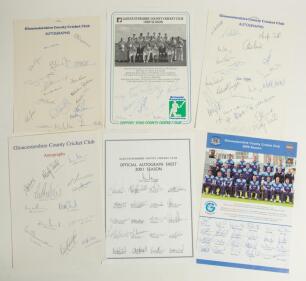 Gloucestershire C.C.C. 1988-2005. Six official autograph sheets for seasons 1988 (19 signatures), 1989 (11), 1994 (25), c.1998 (13), 2001 (21), and 2005 (24). Signatures include Graveney, Athey, Greene, Lloyds, Jarvis, Alleyne, Ball, Stovold, Walsh, Coope