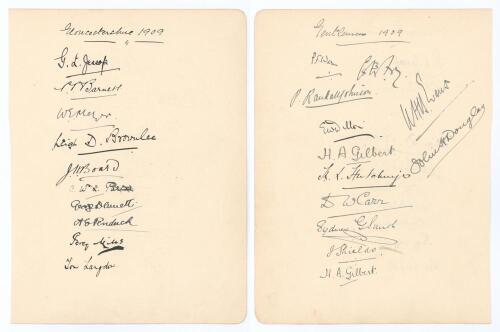&lsquo;Gloucestershire&rsquo; and &lsquo;Gentlemen&rsquo; 1909. Large album page very nicely signed in ink to one side by ten members of the 1909 Gloucestershire team and, to the verso, by the twelve members of the Gentlemen team for the match v Players at the Kennington Oval, 8
