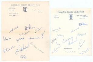 Hampshire C.C.C. 1952 & 1956. Two official autograph sheets on Club letterheads. One signed in ink by thirteen members of the 1952 Hampshire team, the other by thirteen of the 1956 team. Signatures include Eagar, Walker, Harrison, Cannings, Gray, Shacklet