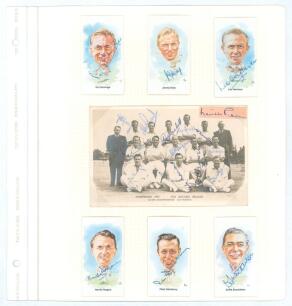 Hampshire C.C.C. 1955. Sepia real photograph postcard of the team seated and standing in rows wearing cricket attire. Printed title &lsquo;Hampshire 1955 The Record Season. 3rd in Championship (210 points)&rsquo;. The image signed in ink by twelve of the featured pla