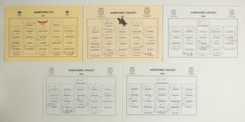Hampshire C.C.C. 2001-2010. Ten official autograph sheets for seasons 2001 (26 signatures), 2002 (26), 2003 (21), 2004 (22), 2005 (24), 2006 (25), 2007 (27), 2008 (24), 2009 (24) and 2010 (two copies, 22 signatures on each). Signatures include R. Smith, K