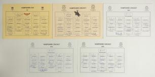 Hampshire C.C.C. 2001-2010. Ten official autograph sheets for seasons 2001 (26 signatures), 2002 (26), 2003 (21), 2004 (22), 2005 (24), 2006 (25), 2007 (27), 2008 (24), 2009 (24) and 2010 (two copies, 22 signatures on each). Signatures include R. Smith, K