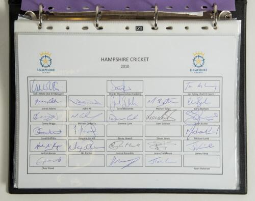 Hampshire C.C.C. 2010-2018. A green binder comprising a complete run of official autograph sheets for seasons 2010 to 2018 inclusive with duplication. Also includes an official Benefit programme, Buckinghamshire v Hampshire 5th August 1997 signed by the b