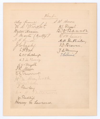 Kent C.C.C. circa 1899. A very rare lined page beautifully signed in black ink by twenty six Kent players. The page headed Kent and signed in two vertical rows. The signatures are A. Hearne, Kent 1884-1906, W.D. Wright 1888-1899, W. Hearne 1887-1896, F. M