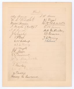 Kent C.C.C. circa 1899. A very rare lined page beautifully signed in black ink by twenty six Kent players. The page headed Kent and signed in two vertical rows. The signatures are A. Hearne, Kent 1884-1906, W.D. Wright 1888-1899, W. Hearne 1887-1896, F. M
