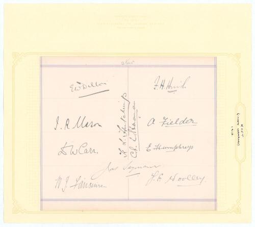 Kent C.C.C. County Champions 1910. Two pages very nicely signed in black ink by twenty players who took part in the Champion County match, Kent v The Rest, at Kennington Oval 12th- 15th September 1910. The full Kent team signatures are Dillon (Captain), B