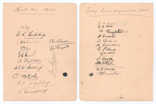 &lsquo;Kent XI&rsquo; and &lsquo;Young Surrey Professionals&rsquo; 1908. Large album page very nicely signed in ink to one side by thirteen members of the 1908 Kent team and, to the verso, by twelve of the Young Surrey Professionals of 1908. Kent signatures are S.H. Day, K.L. Hu