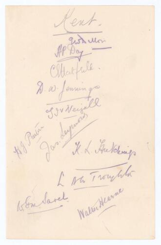 Kent C.C.C. circa 1912. Large paper page signed by eleven current and former players. Signatures are E.W. Dillon (Captain), A.P. Day, C.E. Hatfeild, D.W. Jennings, G.J.V. Weigall, H.J. Preston (nineteen matches), J. Seymour, K.L. Hutchings, L.H.W. Trought