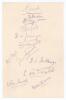 Kent C.C.C. circa 1912. Large paper page signed by eleven current and former players. Signatures are E.W. Dillon (Captain), A.P. Day, C.E. Hatfeild, D.W. Jennings, G.J.V. Weigall, H.J. Preston (nineteen matches), J. Seymour, K.L. Hutchings, L.H.W. Trought